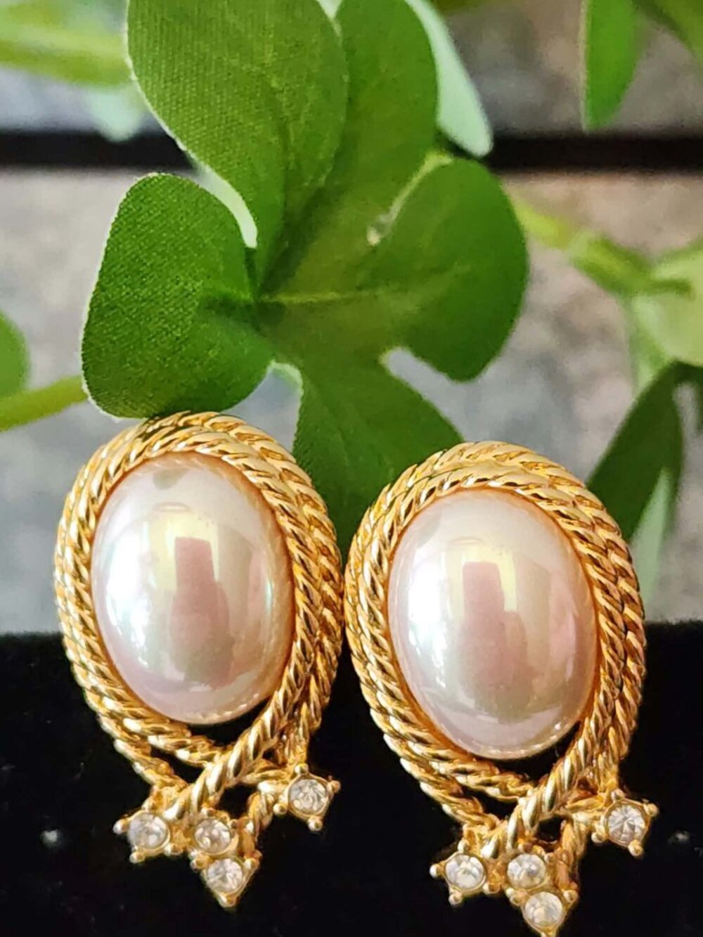 Vintage NOLAN MILLER Faux Pearl Rhinestone Clip Earrings Gold Tone Teardrop Oval